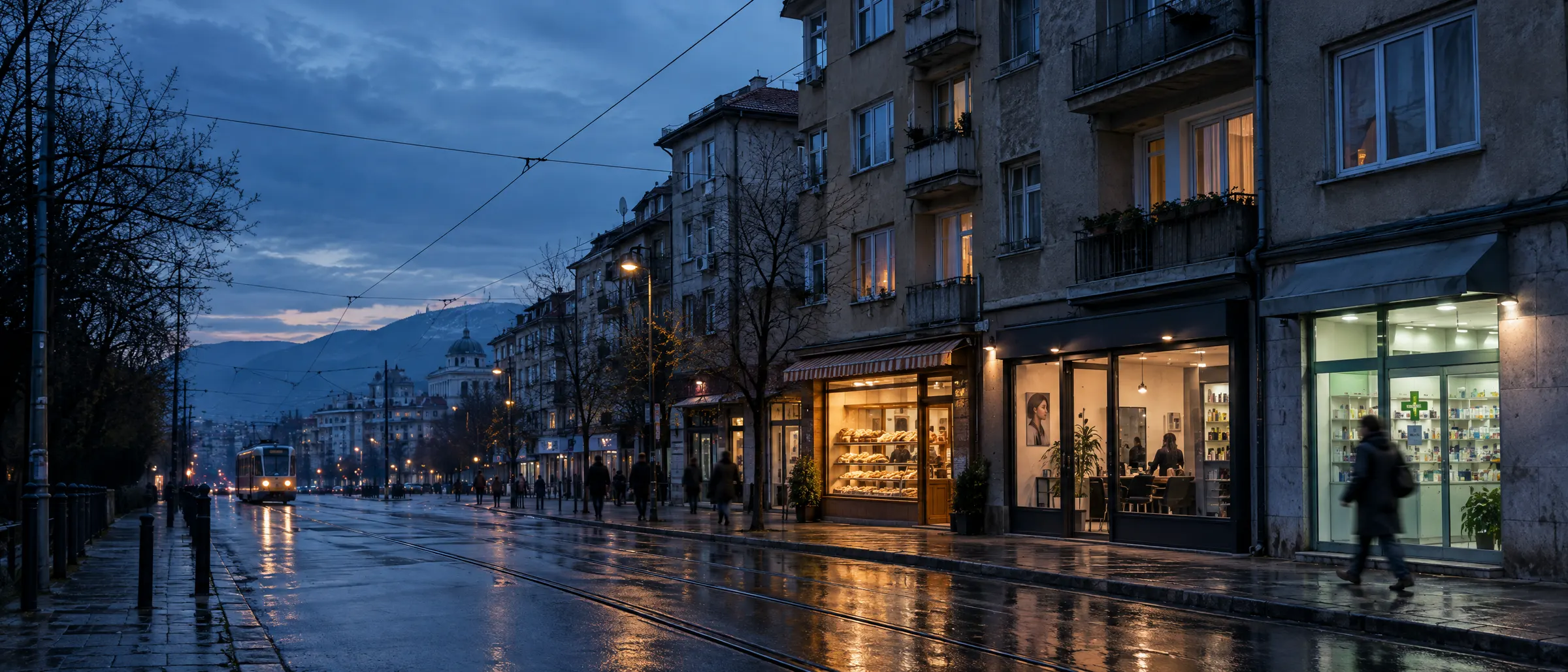A street with small shops at dusk