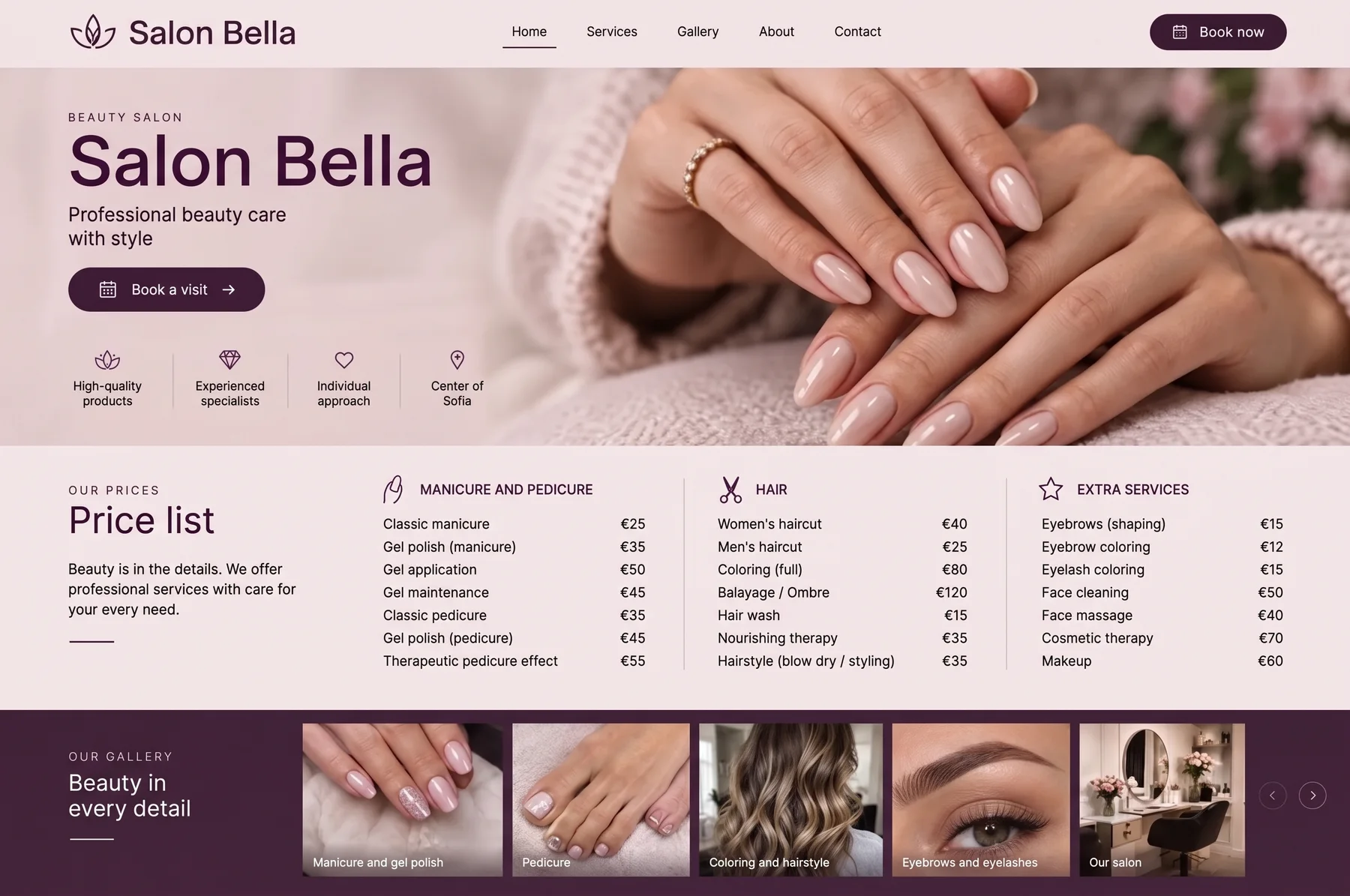 Sample website: Beauty salon