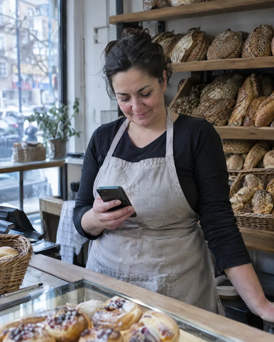 A bakery owner looking at her phone